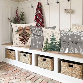 Winter Pillow Covers 18x18 Farmhouse Merry Christmas Decor Linen Throw Pillow Cases Cushion Cover Home Decorative Xmas Holiday Seasonal Decorations Set of 4 Blue