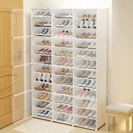 Portable Shoe Rack Organizer,Stackable 72 Pairs DIY Shoe Storage Cabinets Stand,White Plastic Closet Shoe Organizer With Transparent Cover,Dust-proof Shoe Rack Shelf Clear Foldable For Heels Boots