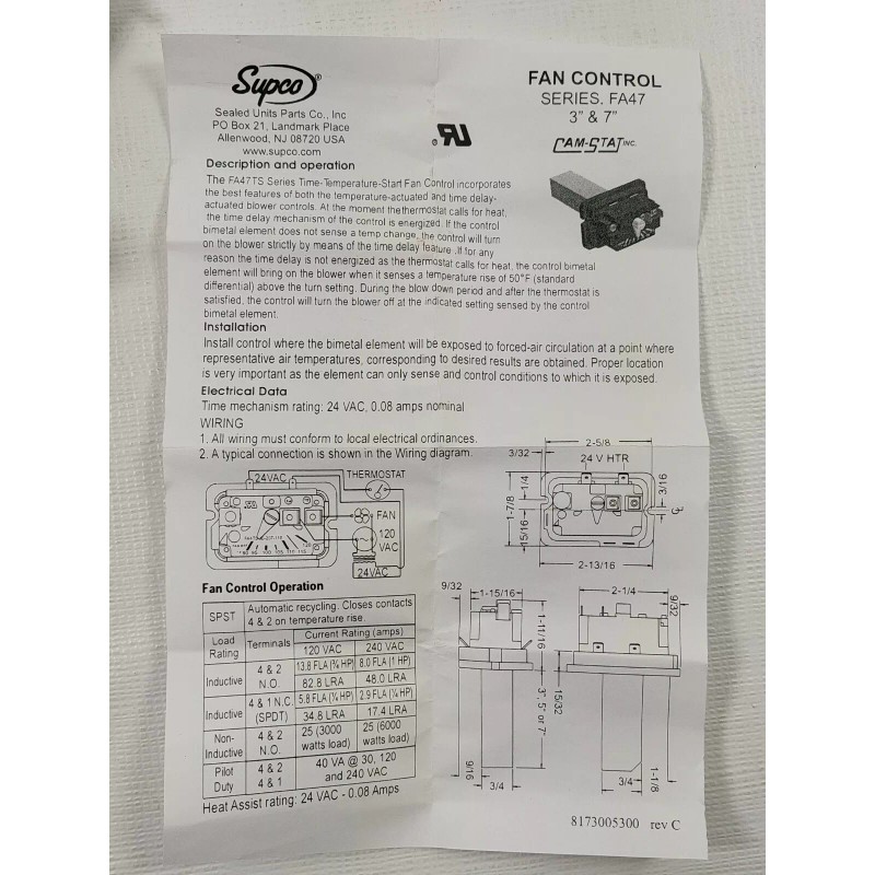 Cam-Stat SUPCO CAM-STAT FA47TS3-110 TIME TEMPERATURE START FAN CONTROL -