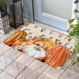 Fall Door Mat Harvest Pumpkin Doormat Orange Flower Eucalyptus Leaves Beige Harvest Thanksgiving Welcome Mat Non Slip Entryway Front Rug Floor Mat for Indoor Outdoor Kitchen Autumn Holiday Decor 18x30