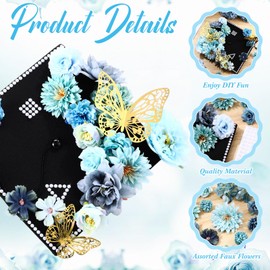 Knitgrip 2025 Graduation Cap Decoration Kit Include Assorted Flowers Heads 3D Butterfly Stickers Glitter Adhesive Pearl Grad Cap Decors for DIY Grad Hat Topper Craft Art Decors Party Supplies(Blue)