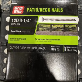 Grip-Rite Grip rite 12D 3-1/4" Galvanized Exterior Spiral Shank Deck Patio Nails  5lb 399p