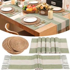 Gandeer 6 Sets Boho Round Woven Placemats Embroidered Striped Tassel Long Green Table Runner Farmhouse Rustic Natural Burlap Cotton for Summer Kitchen Dining Table Home Accessories