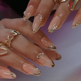 Short Press on Nails Almond Fake Nails French Tip False Nails with Gold Line Design Glue on Nails Press ons Elegant Acrylic Nails Glossy Full Cover Stick on Nails for Women Manicure 24Pcs