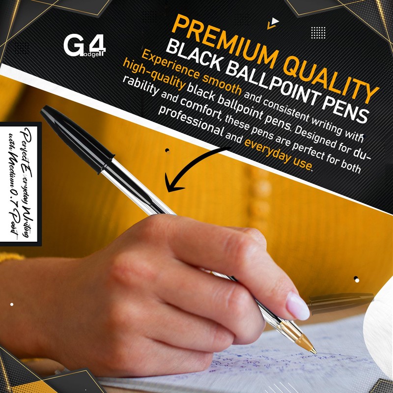 G4GADGET Pack of 50 Black Pens - Smooth Writing Ballpoint