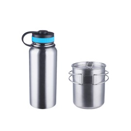 Gearland Canteen Stainless Steel Water Bottle with Nested Camping Cup and Lid for Bug Out Bag, Bushcraft Gear, Metal Canteen with a Wide Mouth Water Bottle and Mess Kit