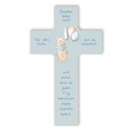 Fritz Cox - Children's Cross Teddy Bear | Christian Gift for Children | Thank You Dear God (Blue, 15 cm)