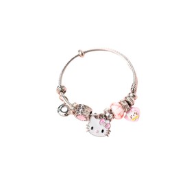 Kitty Charm Bracelet Gift, Silver-Tone Bangle Adjustable Stainless Steel Bracelet with Pink Beads and Crystal Accents, Fits 7.5"+1.5"
