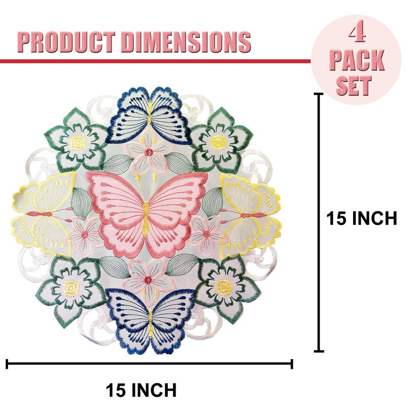 LeLehome Embroidery 15" Round Butterfly Cutwork Placemats for Party Home