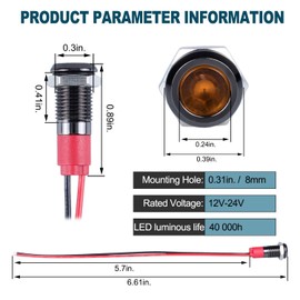 DMWD 5 luces indicadoras LED de ahorro de energía de 12 V-24 V, 20 mA, carcasa de aleación de aluminio, orificio de montaje impermeable con 15 cm. Alambre para coche, camión, barco (LED amarillo)