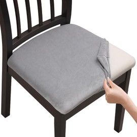 Fuloon Stretch Chair Seat Covers 6 PCS, Velvet Cushion Covers Washable Seat Cushion Slipcover Dining Room for Hotel, Ceremony, Banquet Wedding Party (Velvet Light-Grey, 6)
