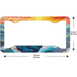 2 Pack Ocean License Plate Frame, Artsy Waves Vanity Car Tag Holder, Sunset License Plate Covers, Beachy Car Accessories