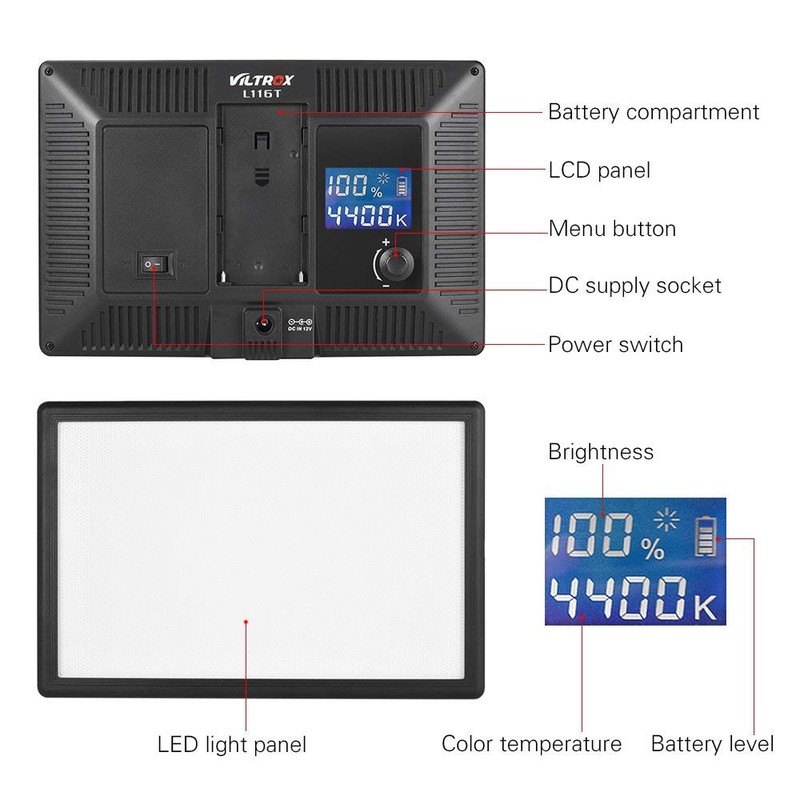 VILTROX L116T LED Video Light Panel Dimmable Bi-Color 3300-5600k CRI95+