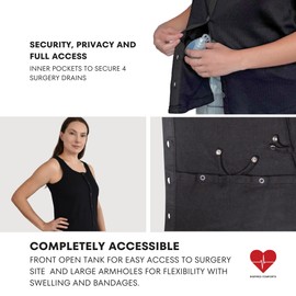 Inspired Comforts Post Surgery Mastectomy Recovery Ribbed Tank top with Drain Pocket & Button Front Black