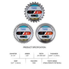 Luckyway 3-Pack 8-1/4 Inch 24T Framing & 40T Ripping/Cross Cutting 60T Finish with 5/8 Inch Arbor TCT Circular Saw Blade for Cutting Wood