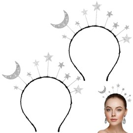 Thinp Star Moon Headband, 2 Pcs Galaxy Space Headbands Glitter Silver Headpiece Star Hair Accessories for Women Girls Birthday Wedding Halloween Princess Cosplay Party Costume
