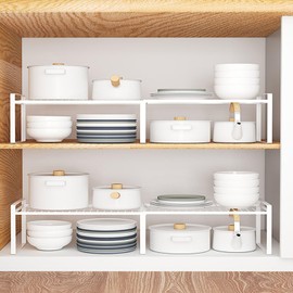 13"-24" L Expandable Cabinet Shelf Rack Set of 2, Stackable Kitchen Countertop Cupboard Organizers and Pantry Storage Shelves