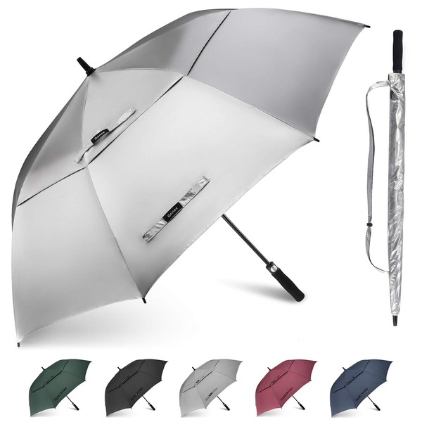 Gonex 68 Inch Silver Extra Large Golf Umbrella, Automatic Open Travel Rain Umbrella with Windproof Water Resistant Double Canopy, Oversize Vented Umbrellas for 2-3 Men and UV protection, Black