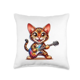 Bengal Kitten Funny Guitarist Tees Bengal Cat Guitarist-Electric Guitar Feline Star Throw Pillow, 16x16, Multicolor