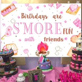Jollyboom S’mores Party Decorations for Girls, Pink Camping Birthday Backdrop Birthdays Are S’more Fun with Friends Backdrop Banner Photography Background for Girl Camping Campfire Birthday Party