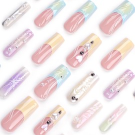 Press On Nails, Summer Spring Beauty Flower Fake Nails, Cute Stick on nails, Short Square Almond Ballet Shape Glue on Nails on 24PCs (Ballet Colorful 3D)