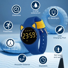 Bomieux Kids Digital Watch for Boys Girls,Sports Watch with Fitness Tracker Pedometer Vibration Alarm for Ages 5-15 No App Needed Waterproof Watches for Kids