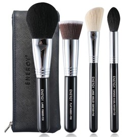 ENERGY Juego de Brochas de Maquillaje 4Pcs Base de Polvo Sintético Premium Rubor Contorno Bronceador Resaltador Pinceles de Maquillaje Con Bolsa de Pu Negra Cepillos Faciales Veganos Profesionales