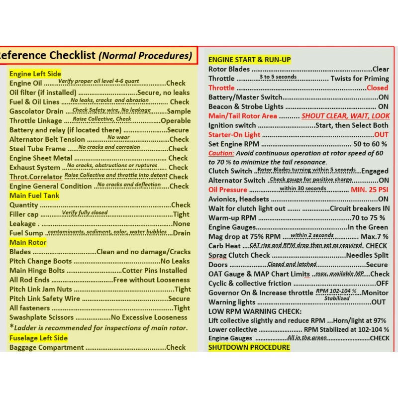 Robinson 22 Extended Quick Reference Checklist for Pilots. Foldable ALL