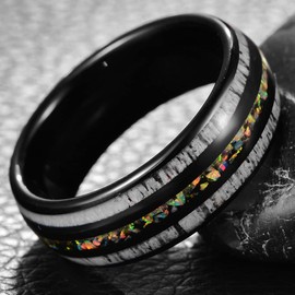 CHALAIR Black Men's Rings for Wedding 8mm Tungsten Carbide Band with Created-Opal Inlay Size T 1/2