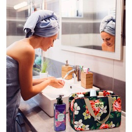 Toiletry Bag for Women Cosmetic Travel bag Floral Cosmetic Case Large Travel Toiletry Bag for Girls Make Up Bag Navy Blue Brush Bags Reusable Toiletry Bag