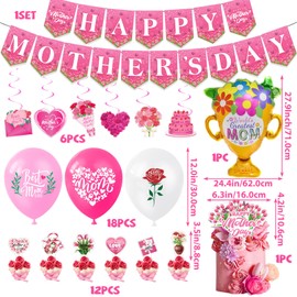 Mothers Day Decorations 45pcs Mother's Day Latex Balloons Pink Rose Red Happy Mothers Day Banner Mom's Day Hanging Swirls Decorations for Party Supplies (Style A)