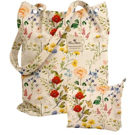 Miss Adola 2 Pack Aesthetic Corduroy Tote Bag - with Corduroy Makeup Pouch Bag for Women Beige Flower Reusable Grocery Bag with Buckle Shoulder Bag for Gym, Travel, Work