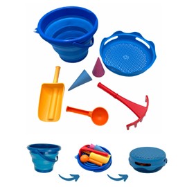 Schildkröt 970244 7-in-1 Sand Toys Set, Innovative Handbag Size, Compact and Space-Saving, Foldable 3 Litre Bucket with 6 Sand Toys for Digging, Shaping, Sifting and Raking