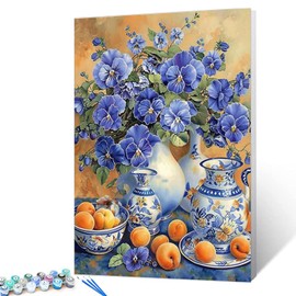 Flower Paint By Bumbers For Adults Beginner Bule Flowers Vase DIY Paint by Numbers Acrylic Paint Canvas Vintage Exquisite Bedroom Decor Painting Kits Flower Furit Art 16x20 Inch （without Frame ）