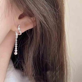Aneneiceera Vintage Swirl Crystal Dangle Earrings Silver Long Pearl Earrings CZ Rhinestone Stud Earrings Wedding Chandelier Drop Earrings Jewellery for Women, Zinc