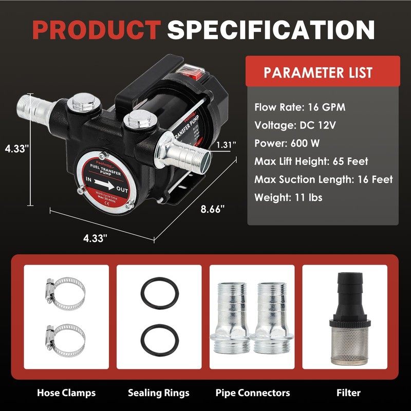 Poafamx 12V DC Fuel Transfer Pump, 16 GMP 600W Self