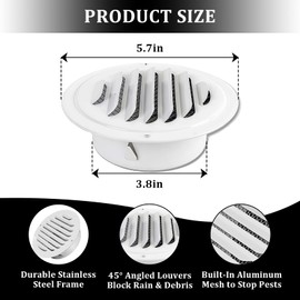 4" Round Soffit Vents White Stainless Steel Soffit Vents Wall/Ceiling Vent Cover with Mesh Screen for Bathroom, Dryer, & Attic（1 Pack)