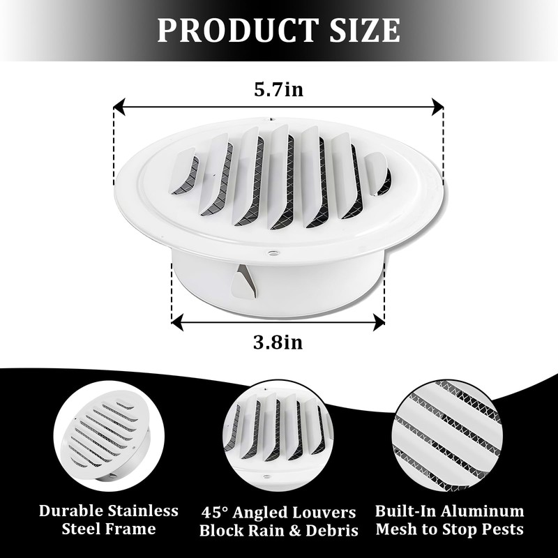 4" Round Soffit Vents White Stainless Steel Soffit Vents Wall/Ceiling