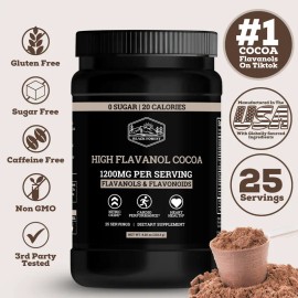 Cocoa Flavanols Powder 1200mg with Epicatechin, Dark Chocolate Drink Mix, Antioxidant Support, Circulation & Energy Blend, High Flavanol Cocoa