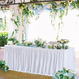 Partisky White Polyester Table Skirt for Rectangle Tables 9f, Wrinkle Resistant Pleated Ruffle Table Cloth for Birthday Party Banquet Wedding Baby Shower