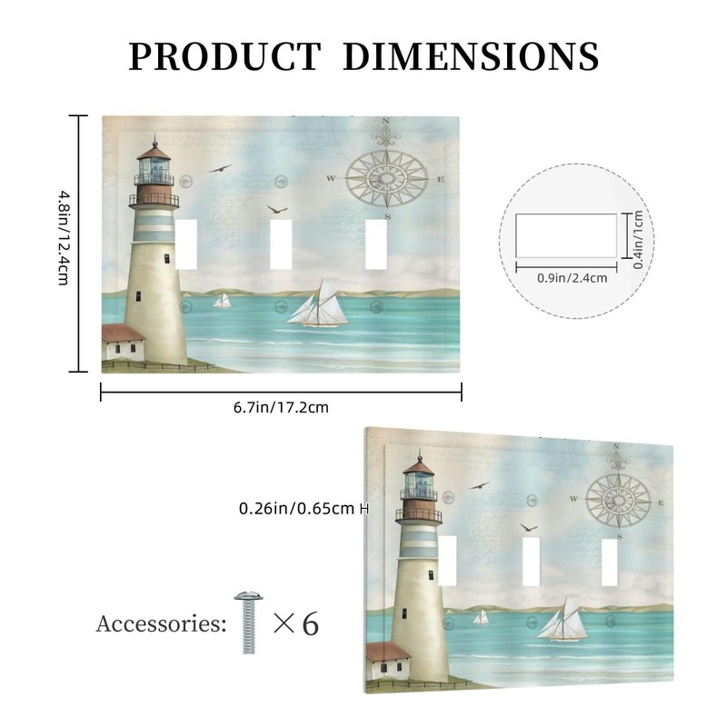 Nautical Lighthouse Ocean Coastal Compass 3 Gang Light Switch Covers