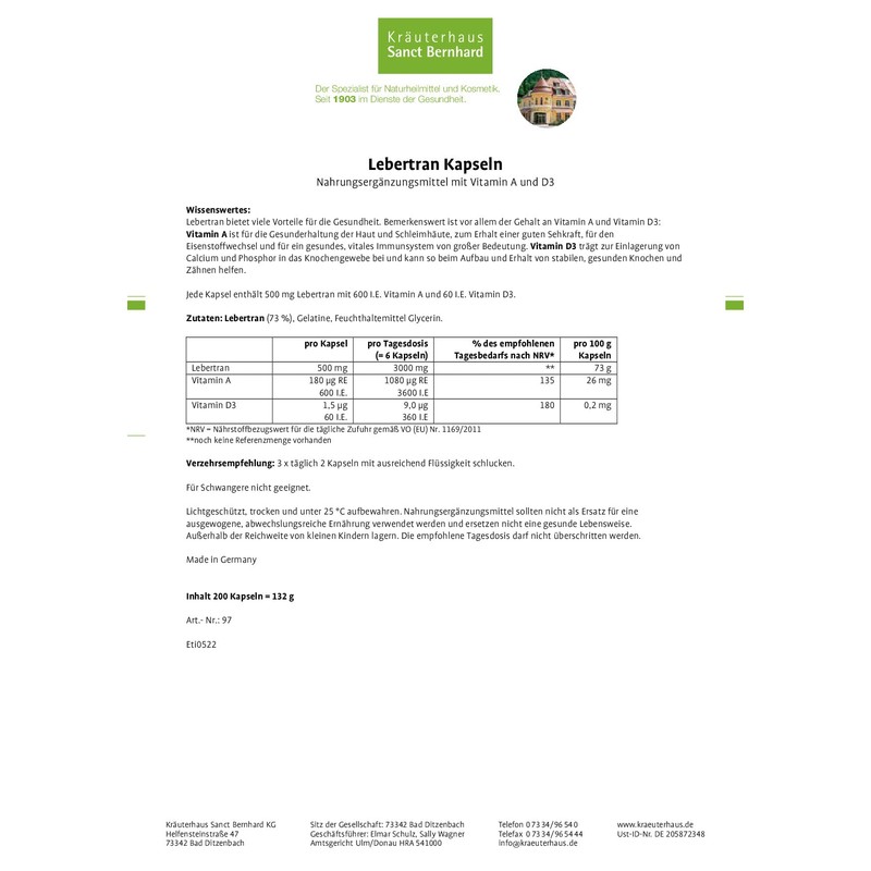 Sanct Bernhard Cod Liver Capsules with Cod Liver Vitamin A,