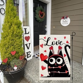 CROWNED BEAUTY Valentines Day Cat Garden Flag 12x18 Inch Double Sided for Outside Small Burlap Red Love Hearts Holiday Yard Decoration