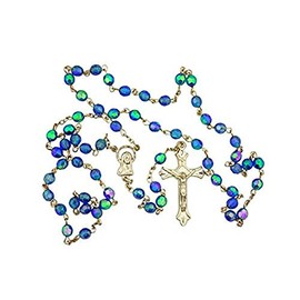 Light Blue Aurora Borealis style Glass 6MM Bead Rosary w Virgin Mary Center