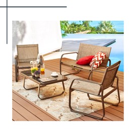 Generic WISLEY 4 Pieces Patio Furniture Set, Tempered Glass Coffee Table,Outdoor Conversation Sets for Backyad, Garden, Poolside, Grey