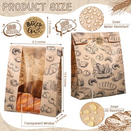 MotiMind 100 Packs Paper Bread Bags for Homemade Bread Sourdough 14 x 8.3 x 3.5 Inches Kraft Paper Bakery Bag with Window Label Seal Sticker for Baked Food Packaging Storage(Brown)