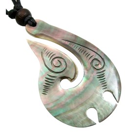 Swimmi Mother of Pearl Necklace, Hand Carved Tribal Māori Fish Hook Necklace, Handmade Seashell Necklaces for Women Men (AA225)