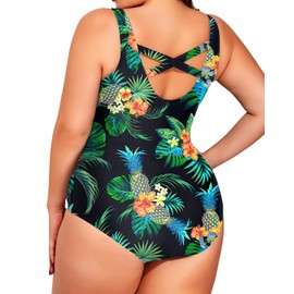 Holipick Traje de baño Deportivo de una Pieza con Control de Abdomen, Negro Floral, 18 Plus