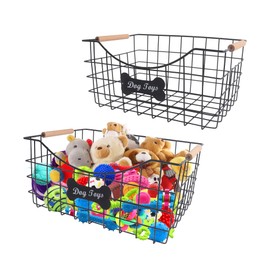 Brabtod Large Dog Toy Basket,Set of 2 Iron Wire Dog Toy Bin,Metal basket for Pet,Puppy Toy Bin Organizer with Wooden Handle,Sturdy Dog Basket for Dog Leash,Blanket,Toys,Snacks,Accessories
