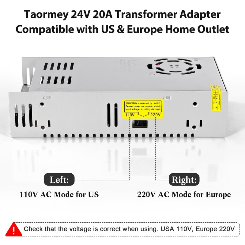 Taormey 24V 20A Power Supply Adapter, AC 110V/220V to DC